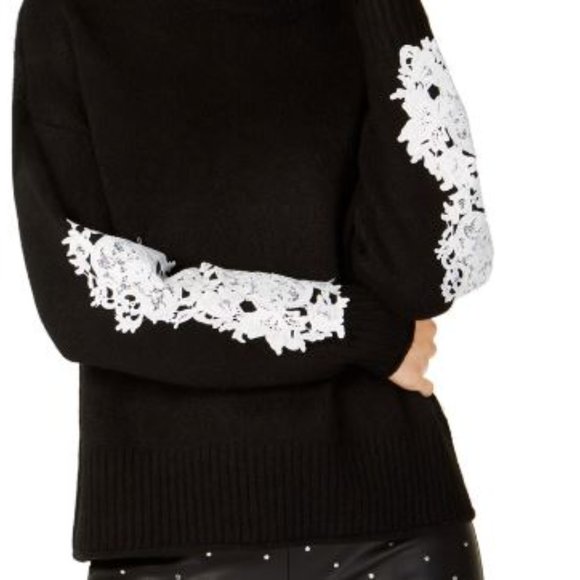 INC Women's Medium Laced Long Sleeve Black White Knit Mock Turtleneck Sweater - Picture 2 of 2